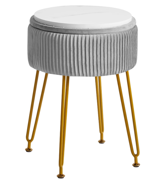 IBUYKE Velvet Round Footrest Stool Ottoman, Makeup Vanity Stool Side Table, Velvet Dressing Table Seat, Pouf Couch Stool, Golden Steel Legs, Blue LG30H