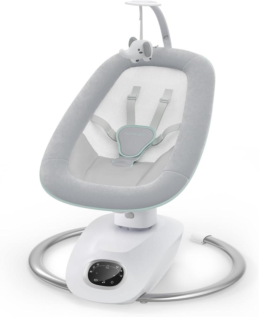 Momcozy CocoSway 3D-Motion Baby Swing for Infants to Toddlers, 6 Motion Modes & 4 Speeds, 180° Rotating Seat, Remote Control, Reclining Seat with 5-Point Harness, 8 Preset Lullabies, Grey