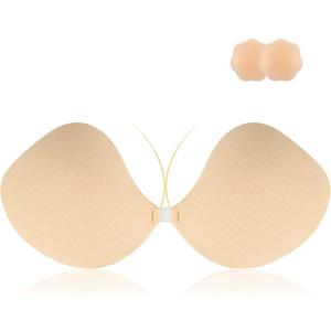 Niidor Sticky Bra Adhesive Strapless Bra Silicone Invisible Backless Bras for Women with Reusable Nipple Covers Off-White, Size D