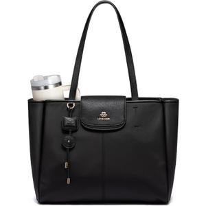 LOVEVOOK Laptop Tote Bag for Women,Nylon Work Totes with 15.6 Inch Laptop Compartments, Lightweight Fashion Purse with Large Cup Holder,Travel Tote with Luggage Straps (Black)