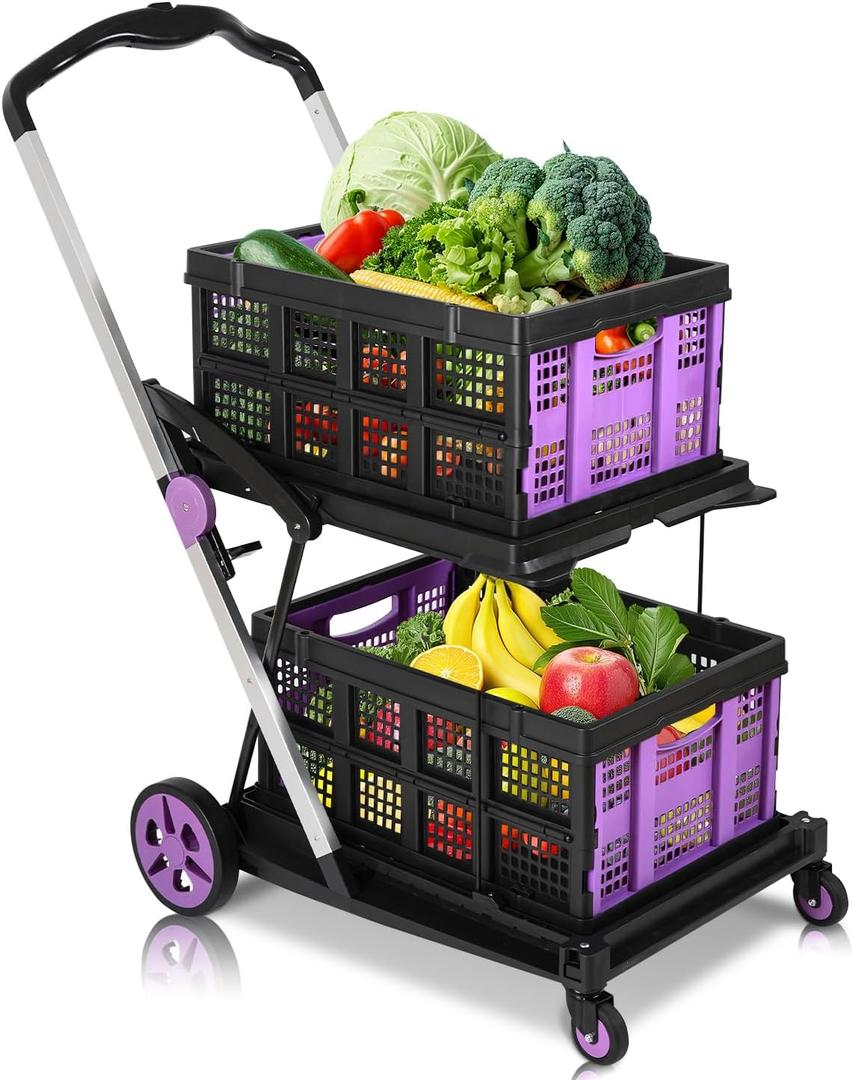 Collapsible Shopping Cart on Wheels, Folding Shopping Cart with 360° Swivel Wheels, Multi Use Utility Cart Adjustable Portable Trolley with 2 Storage Crate, Used for Picnic, Supermarket, Purple