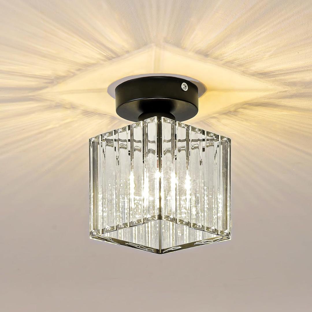 Modern Semi Flush Mount Ceiling Light, Crystal Square Hallway Light, Black Close-to-Ceiling Fixture for Living Room, Kitchen, Bedroom, Bathroom, Entryway