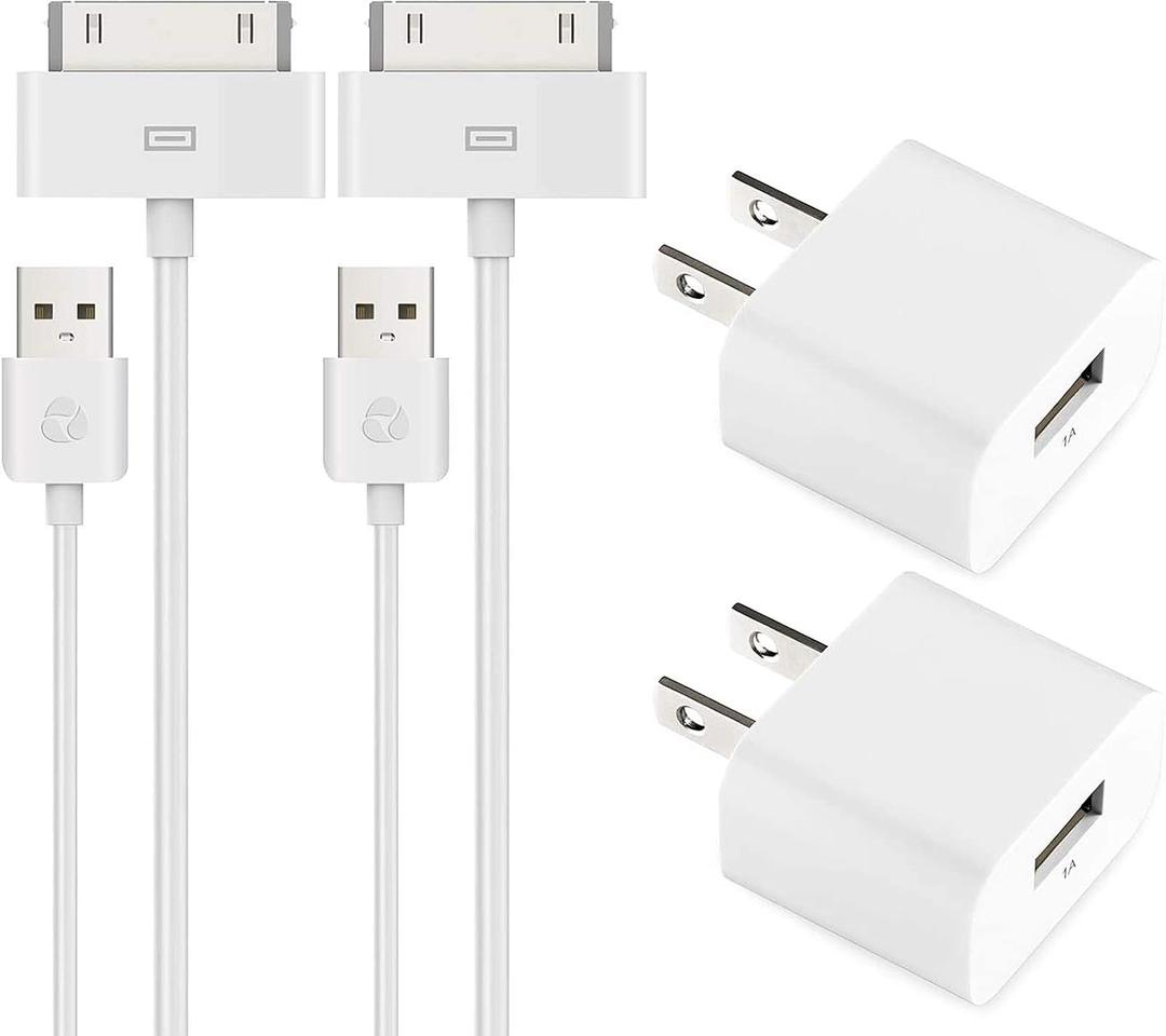 ESK Certified 6 Feet 30 Pin USB Charging Cable with 5W USB Power Adapter for iPhone 4/4s, iPhone 3G/3GS, iPad 1/2/3, iPod Touch 1/2/3/4 (2 Pack) (White)