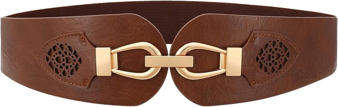 Womens Western Wide Waist Belt for Dress Vintage Stretchy Elastic Belt with Chunky Gold Buckle (Fits Waist 27"-30")