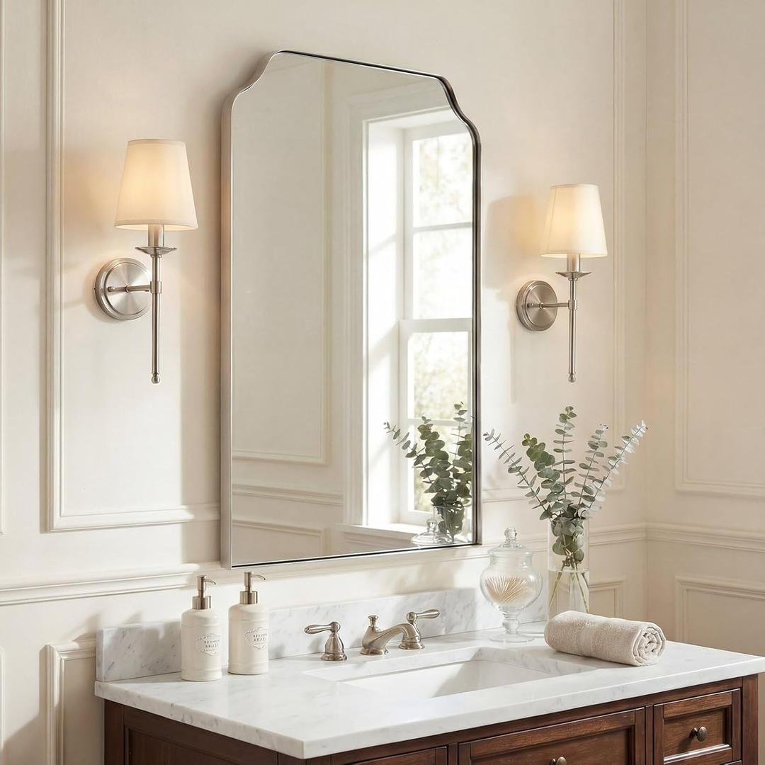 ANDY STAR 24”x36” Brushed Nickel Scalloped Wall Mirror, Transitional Rectangular Silver Bathroom Mirror for Vanity, Solid Stainless Steel 1-Inch Deep Frame for Double Vanity & Entryway