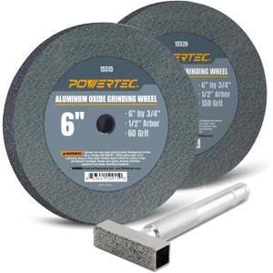 POWERTEC Bench Grinder Wheel + Diamond Wheel Dresser 6 Inch 60 & 150 Grit, Aluminum Oxide Grinding Wheel for Bench Pedestal Grinder, 3/4" Thick 1/2" Arbor, Sharpening Shaping Blade, Chisel, Drill Bits