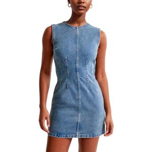 Daacee Womens Sleeveless Bodycon Denim Mini Dress Casual Waist Tucks Zipper Tank Jean Dresses (Large, Blue)