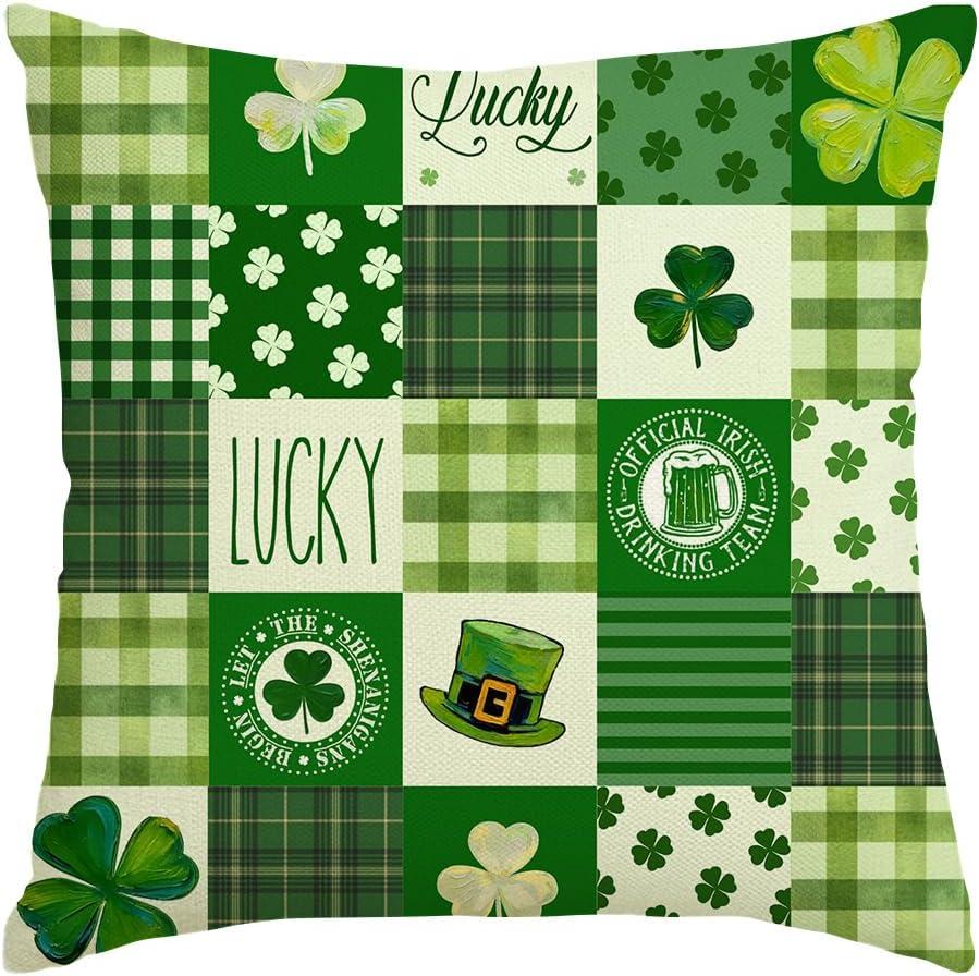 2 x RABUSOFA St Patricks Day Decorations Throw Pillow Covers 18x18 Scottish Tartan Plaid St Patricks Day Hat Farmhouse Classic Decorative Square Cushion Cases for Sofa Couch (Green)