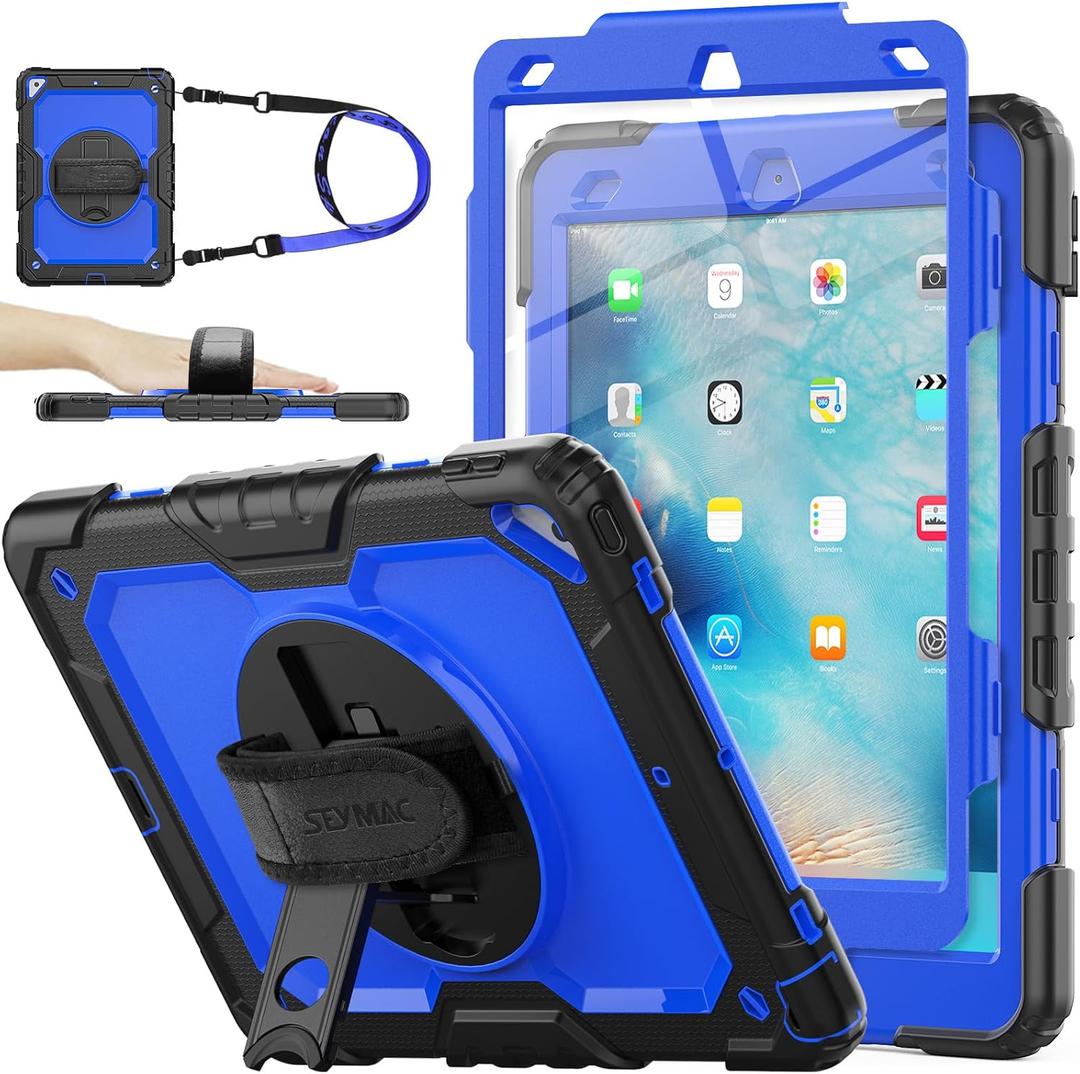 SEYMAC stock Case for iPad Air 3 2019 / Pro 10.5'' with Screen Protector Pen Holder [360 Rotate Hand Strap/Stand], Drop-Proof Case (Blue+Black)