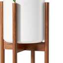 LE TAUCI 12 Inch Plant Pot with Acacia Wood Stand, Large Ceramic Planter for Indoor Plants, Mid-Century Modern Home Decor, Round Flower Pot with Drainage Hole and Plant Stand, White