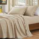 KKJIAF 4 Pieces Plaid Ruffle Queen Bed Sheets, Cotton Gingham Queen Bed Sheet Set Linen Feel Comfy Breathable Ruffed Plaid Bed Sheets with 16 Inch Deep Pocket, Taupe