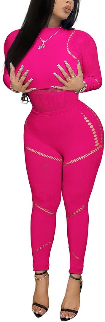 Ophestin Sexy 2 Piece Club Outfits for Women Hollow Out Bodycon Bodysuit with Leggings Sexy Jumpsuits for Going Out (X-Large-XX-Large, Rose Red)