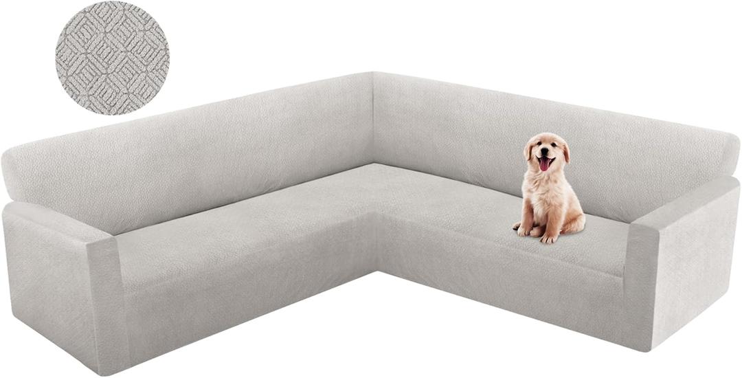 HDCAXKJ Corner Sectional Couch Cover Stretch L Shape Sofa Cover Thick Jacquard Sofa Slipcover Non Slip U Shaped Couch Cover for Sectional Sofa Living Room Furniture Protector (Silver Gray, X-Large)