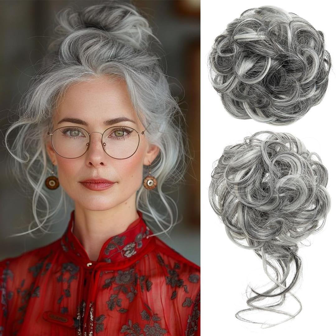 CJL HAIR 2PCS Messy Bun Hair Pieces Wavy Curly Synthetic Updo Chignon Fake Scrunchies Ponytail Extension for Women Dark Grey