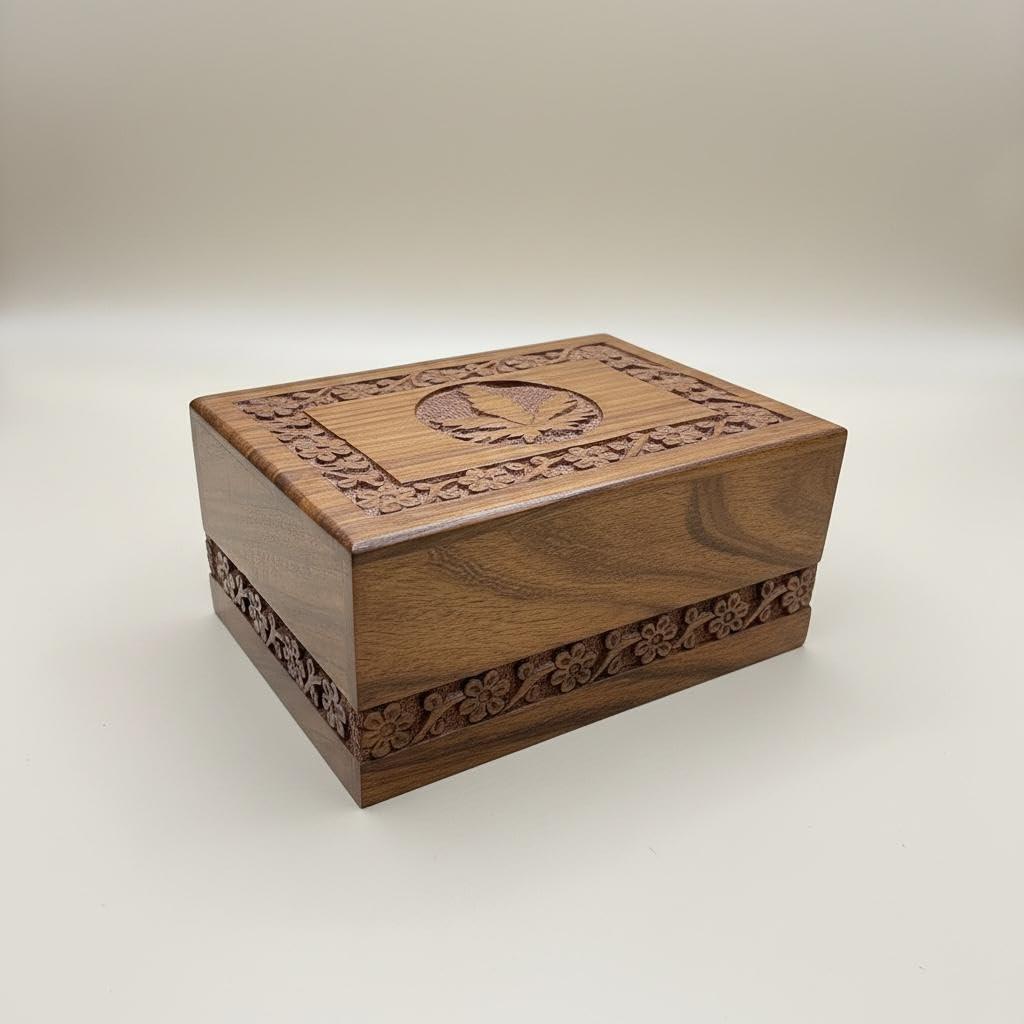 S.B.ARTS Floral Engraved Handcarved Cremation Urns for Human Ashes Adult Male Female Wooden Decorative Urn Box Burial Casket for Child Pet Cat Dog Ashes Memorial Funeral Urn Case Keepsake Box -Medium