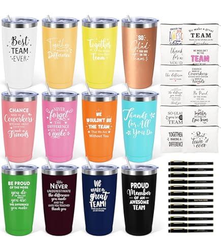 iAOVUEBY 12 Set Employee Appreciation Gifts Bulk, Christmas Gifts for Coworkers Teachers Nurses, 12OZ Inspirational Stainless Steel Tumbler Makeup Bags Pen Thank You Gift For Women Men Team Staffs