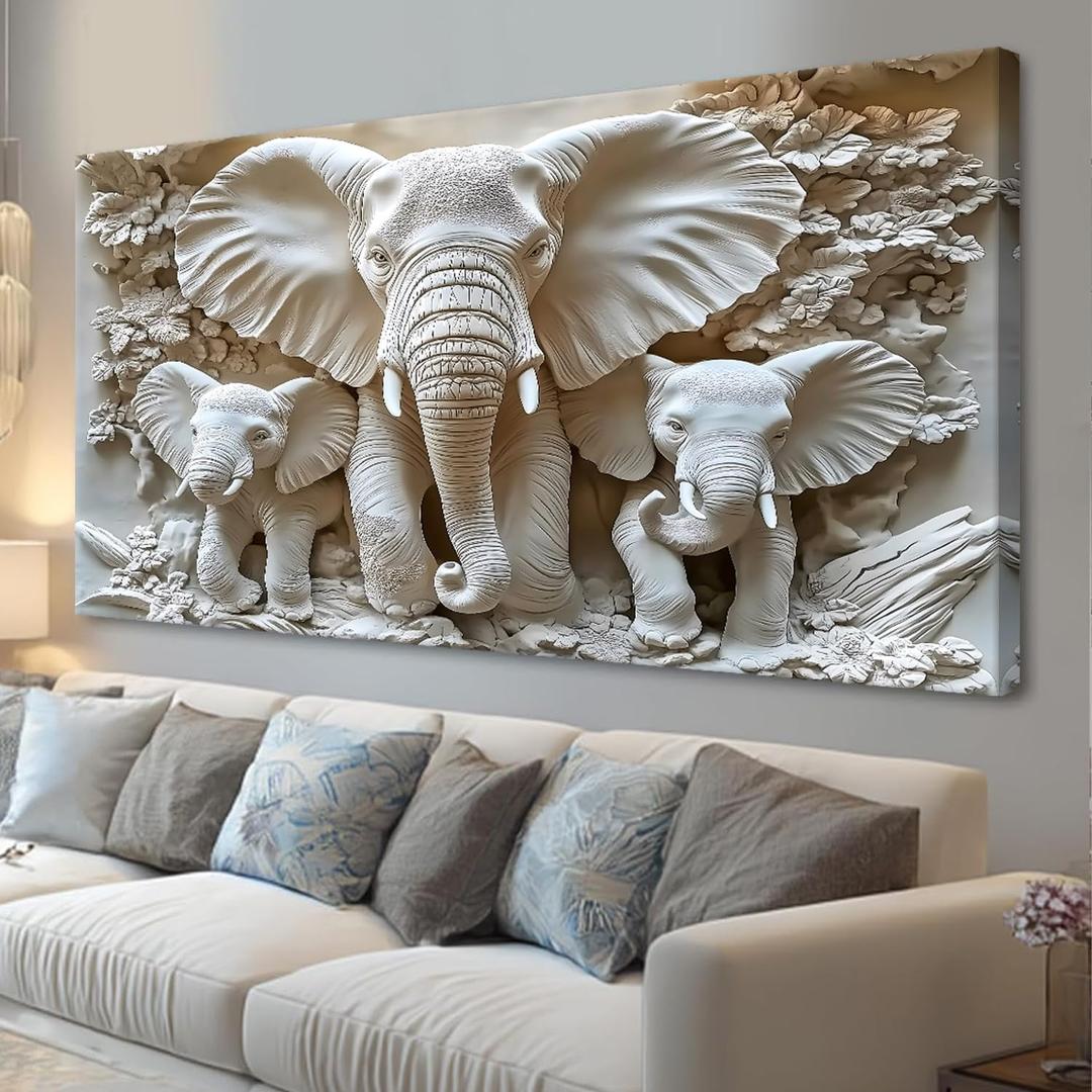 Large Framed Elephant Family Wall Art Canvas Wall Decor 20x40 Inch Abstract Nature Animal Landscape Wall Art for Living Room Bedroom Home Office Modern Wall Decor.