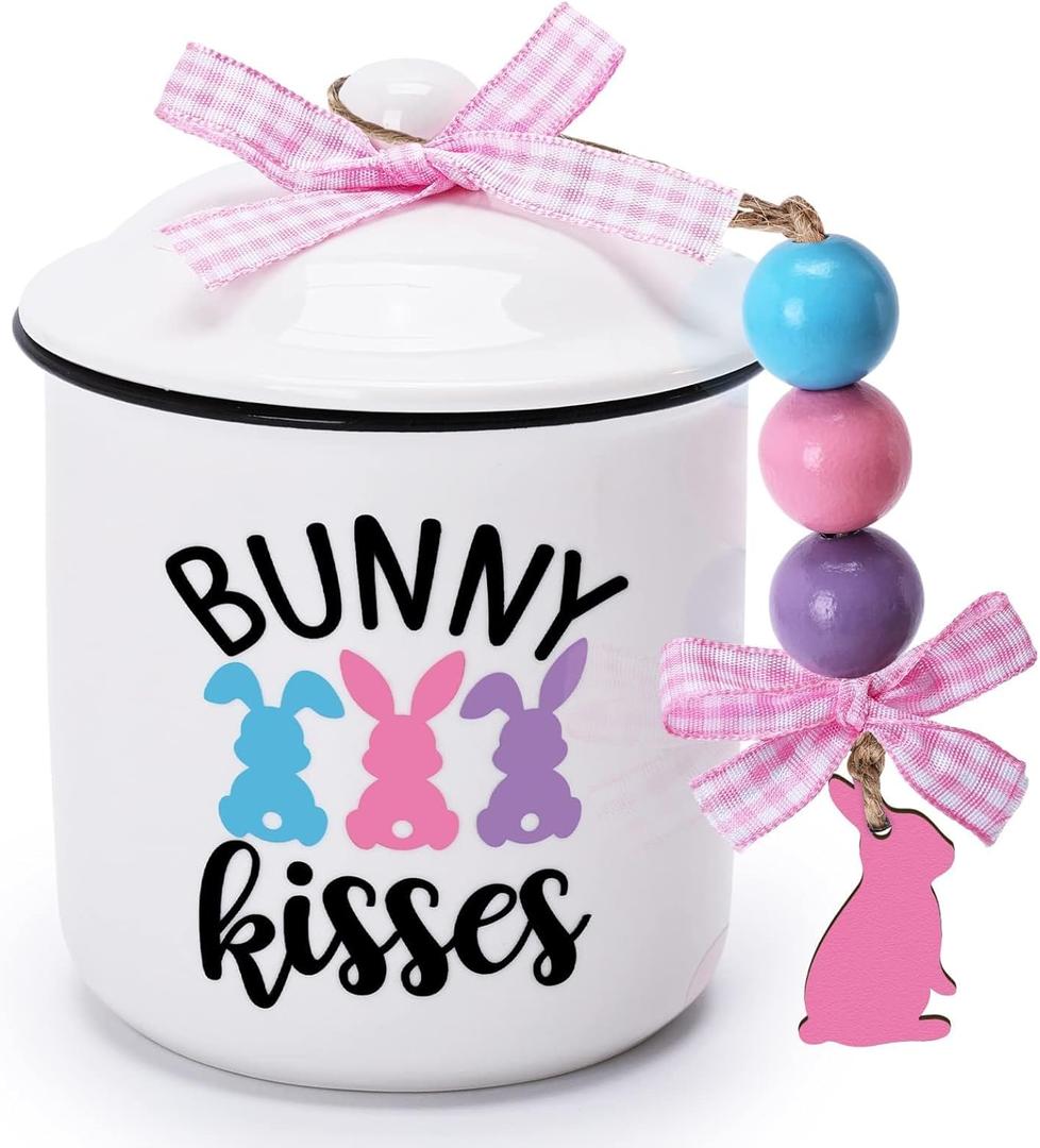 Nefelibata Easter Tiered Tray Decor Bunny Kisses Ceramic Canister Easter Candy Bowl Candy Dish Jar with Green Buffalo Plaid Bowknot Pastel Rabbits Bunny Table Centerpiece Spring Decor Gift For Easter