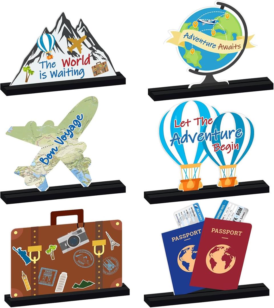 6 PCS Travel Decor Wooden Centerpieces Table Toppers Adventure Awaits Baby Shower Decor Bon Voyage Party Decor Around the World Decor Photo Props for Let The Adventure Begin Going Away Party