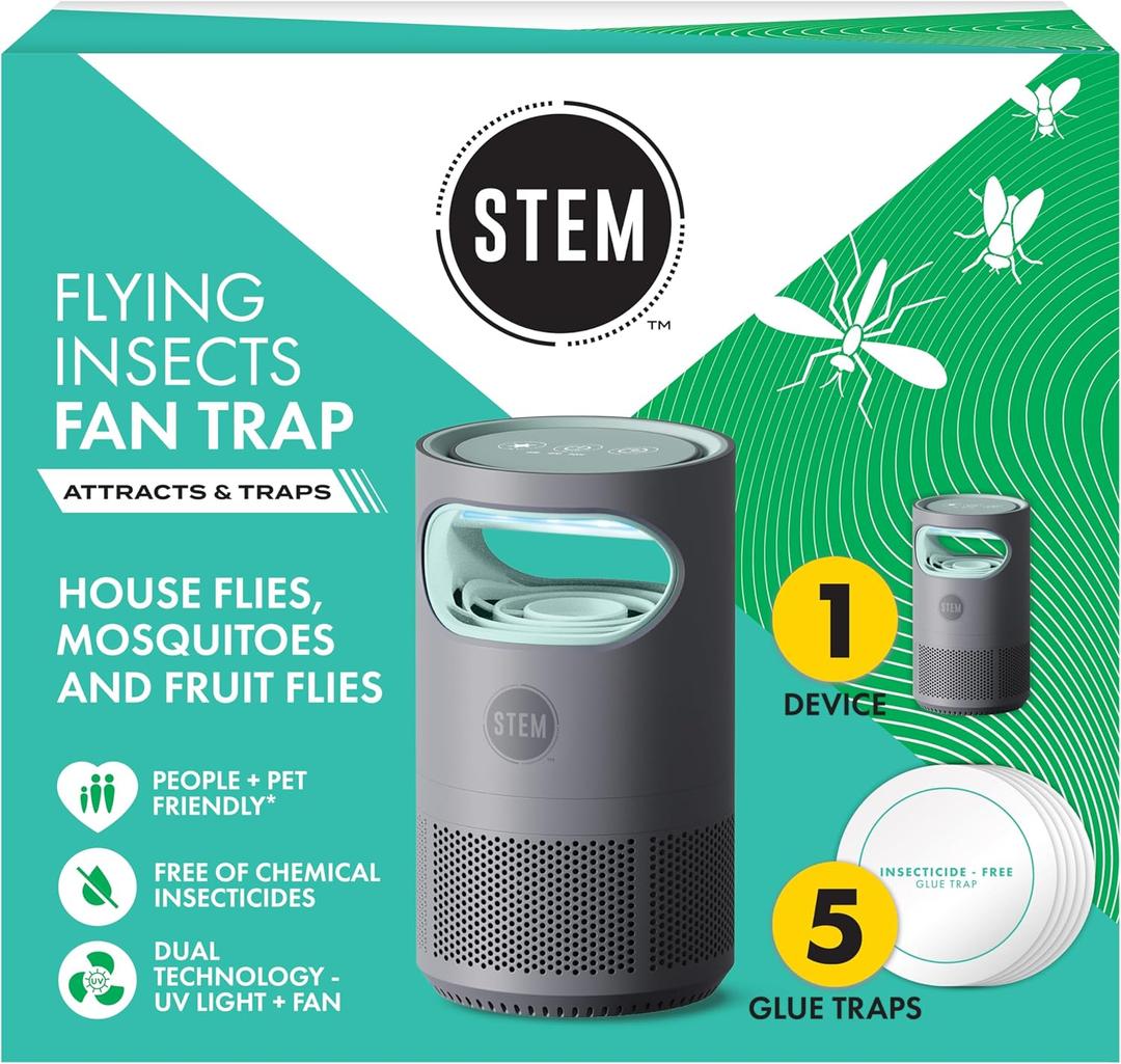 STEM Flying Insect Fan Trap for Indoor Bug Control, Attracts Mosquitoes, Fruit Flies, and House Flies, Plug-in Fan with UV Light, Starter Kit Includes 1 Device and 5 Glue Traps STEM Flying Insect Fan Trap for Indoor Bug Control, Attracts Mosquitoes, Fruit Flies, and House Flies, Plug-in Fan with UV Light, Starter Kit Includes 1 Device and 5 Glue Traps
