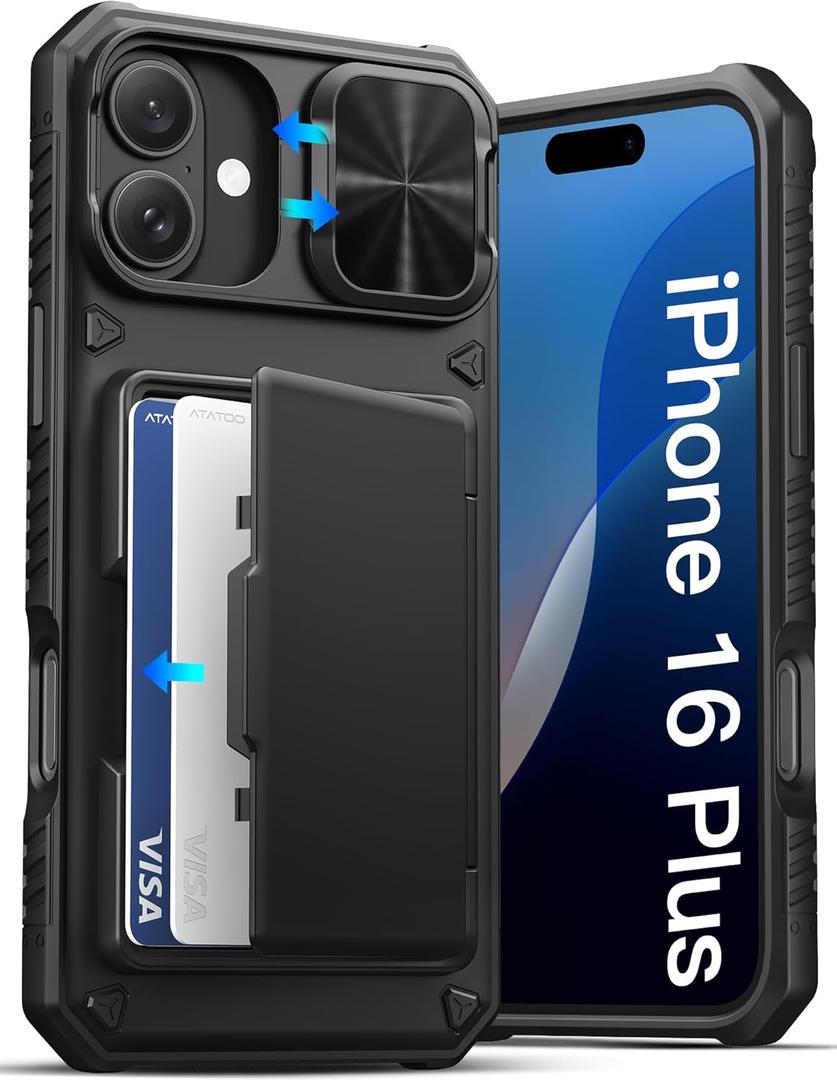 ATATOO for iPhone 16 Plus Case with Card Holder (Store 3-5 Cards) [RFID Blocking] & Slide Camera Cover, Military Grade Protection, Rugged Silicone Wallet Case for iPhone 16 Plus 6.7" 2024, Black