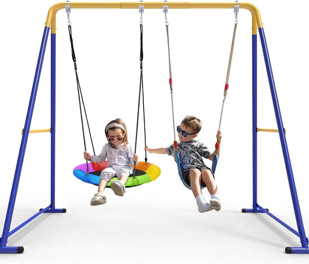 Swing Sets for Backyard, Toddler Swing Set with 1 Saucer Swing & 1 Belt Swing, 440lbs Heavy-Duty Swing Frame w/8 Ground Stakes, A Frame Outdoor Swingset for Kids and Adults for Backyard (Blue)