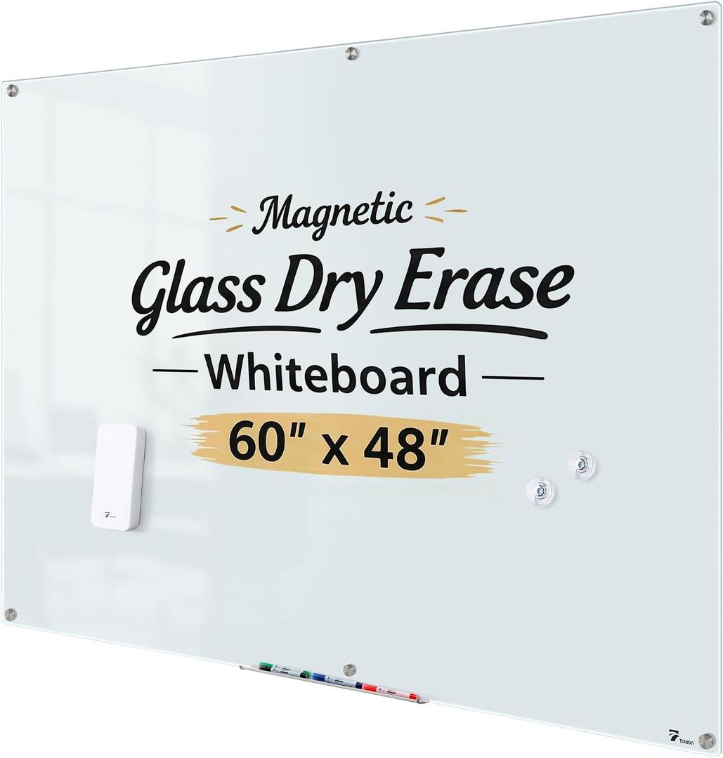 TOWON Magnetic Glass Whiteboard 60 x 48'', Frameless White Dry Erase Board