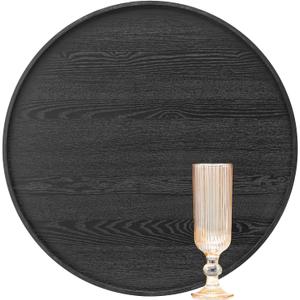 16 inch Round Solid Wood Serving Tray Extra Large Tea Coffee Snack Food Meals Serving Plate Non-Slip Kitchen Party Bar Server Ottoman Tray Breakfast Tray with Raised Edges Heavy Duty Edition Black