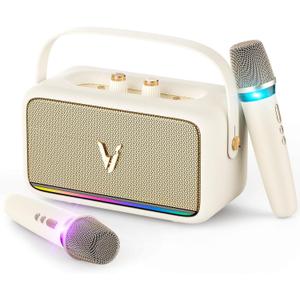 Karaoke Machine with 2 Wireless Mics & Soft Leather Wrap |mini Portable Bluetooth Speaker with 5 Voice Changer Modes for Home Party, AUX/USB/TF Support, for Kids and Adults