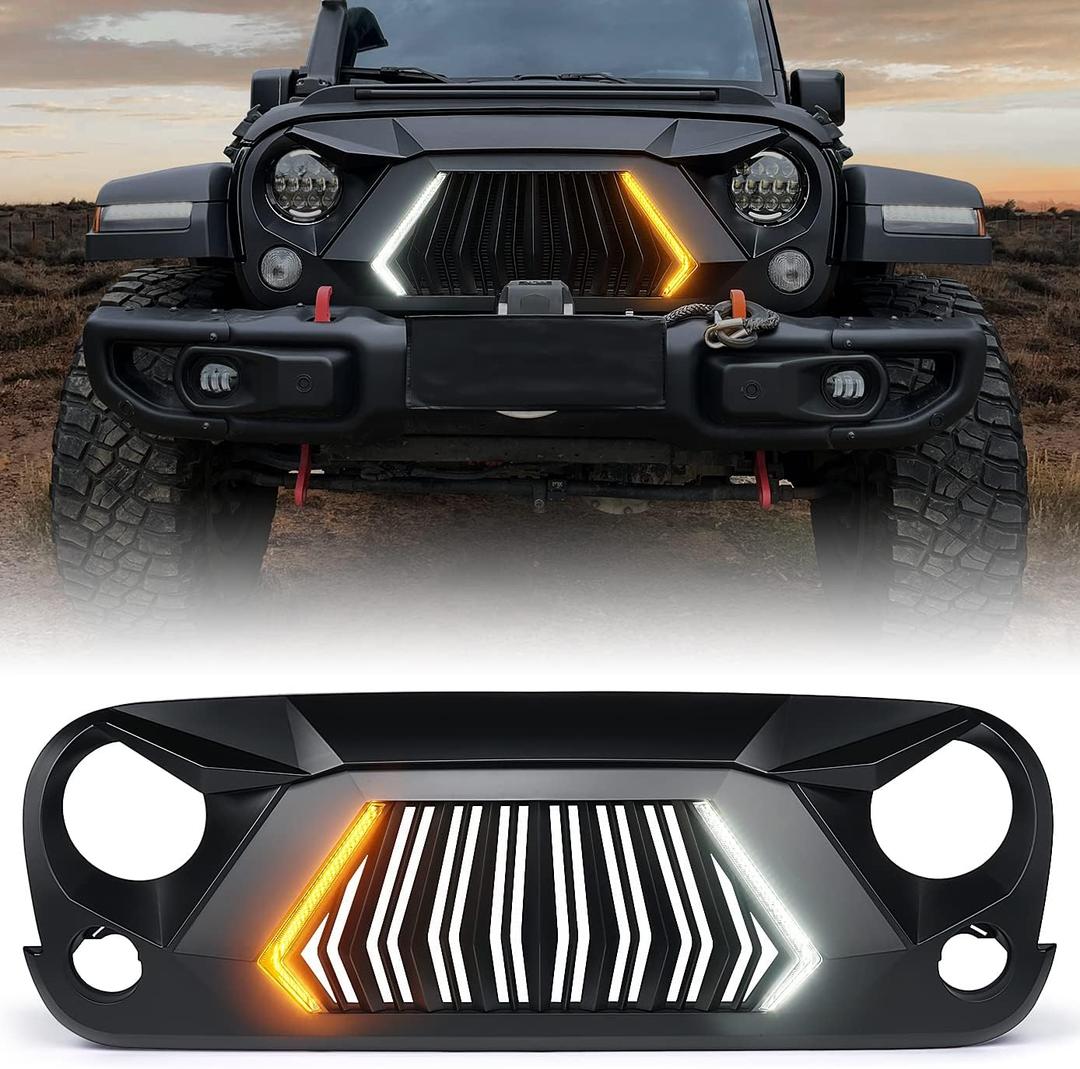 Xprite Front Grill Compatible with 2007-2018 Jeep Wrangler JK JKU, Unique Patented Design Grille w/Running and Turn Signals Light, Matte Black