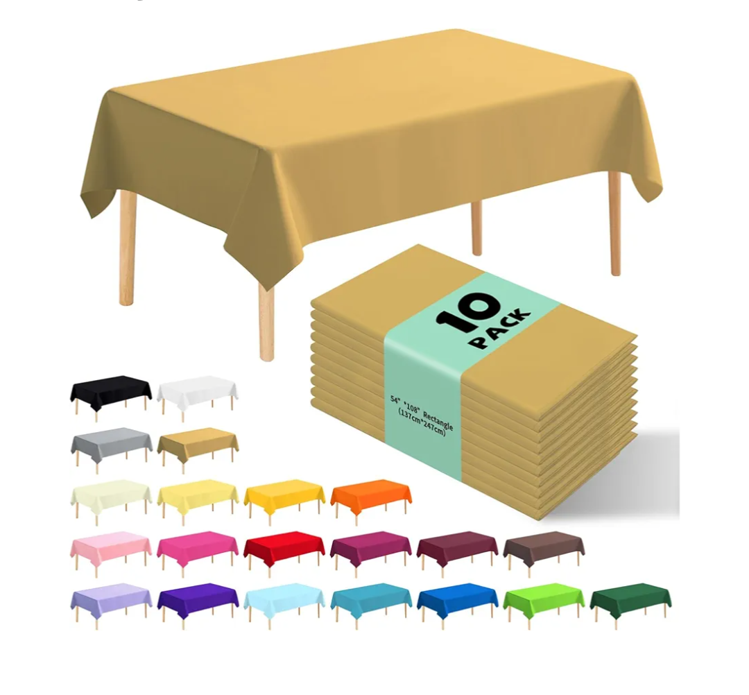 10 Pack Premium Disposable Plastic Tablecloth 54" X 108" Rectangle Table Cover for Birthdays Weddings Christmas Anniversary Buffet Table (Gold)