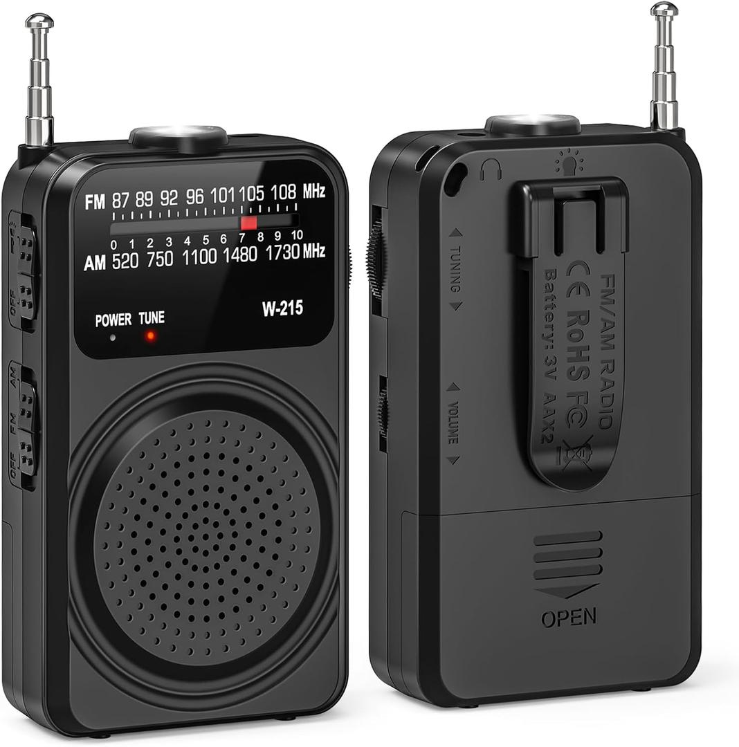 Tendak Portable Radio AM FM, Pocket Radio with Flashlight, Tuning Light, Back Clip, Headphone Jack and Excellent Reception, Battery Operated Radios for Home, Outdoor, Emergency - Black