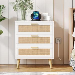 Irontar Rattan Nightstand with Charging Station, Night Stand with 3 Large Rattan Drawers, Accent End Table, Bedside Table with Solid Wooden Legs for Bedroom, White and Natural BZZ006WME