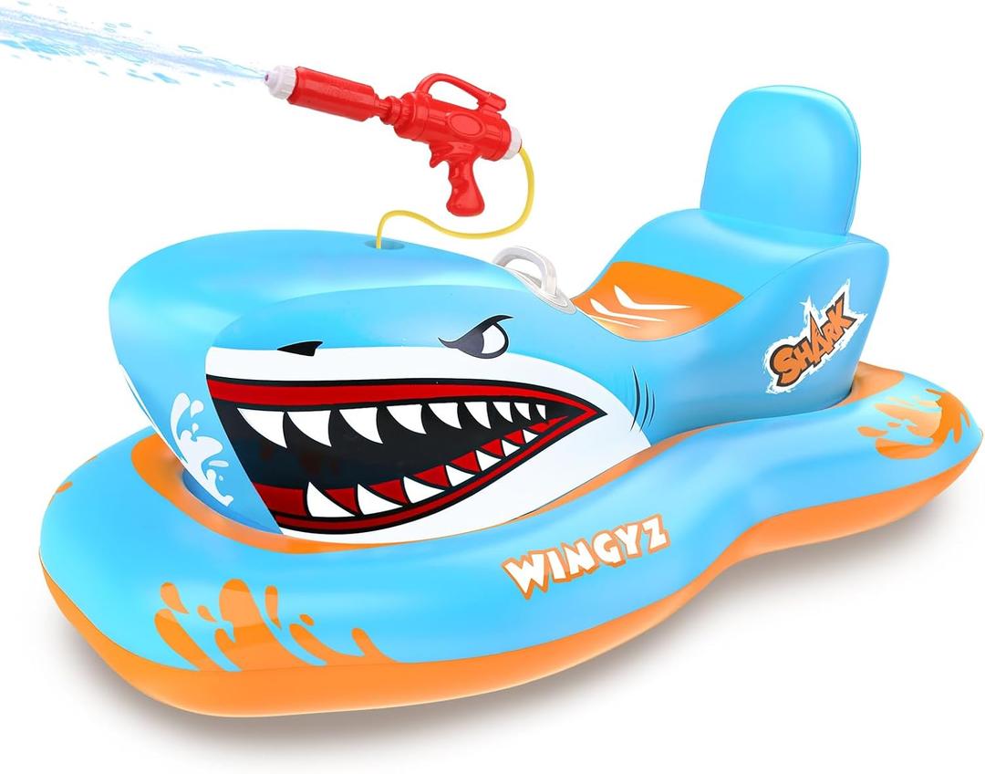 Inflatable Pool Floats for Kids with Built-in Water Gun, Swimming Pool Float Toys Boat for Toddlers, Shark Shaped Ride-on Pool Floaties for Boys Girls Aged 3-12 for Summer Pool Beach