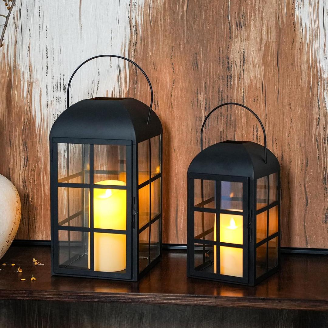 TRIROCKS Set of 2 Decorative Candle Lantern 14&10.5''H Outdoor Metal Lantern Modern Candle Holder with Tempered Glass for Home Garden Yard Patio Parties Indoors Outdoors (Black)