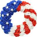 4th of July Wreath with Handmade Wooden Stars - 13 Inch Patriotic Front Door Wreath, Red White Blue American Flag Decor for Porch, Indoor Outdoor Memorial Day Independence Day