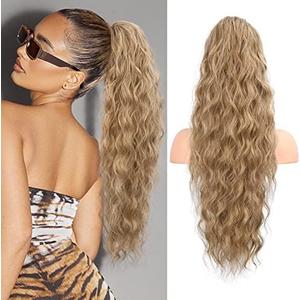 Flufymooz Ponytail Extension, 26 Inch Drawstring Ponytail Hair Extensions for Women， Long Curly Wavy Pony Tail Natural Wavy Synthetic Hairpiece for Women Daily Use party (26 Inch Dark Blonde Mixed)