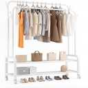 Heavy Duty Coat Rack, Garment Rack & Clothes Rack with Wheels, Freestanding Double Rod Clothing Racks for Hanging Clothes with 2-Tier Shelf & Closet Rack Organizer for Bedroom Entryway (White)