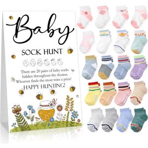 Hoteam 21 Pcs Baby Shower Games Include Baby Sock Hunt Sign and 20 Pair Small Cotton Socks Wooden Table Sign with Holder for Boy and Girl Gender Reveal Party Favors(Fresh Style) (Bee)