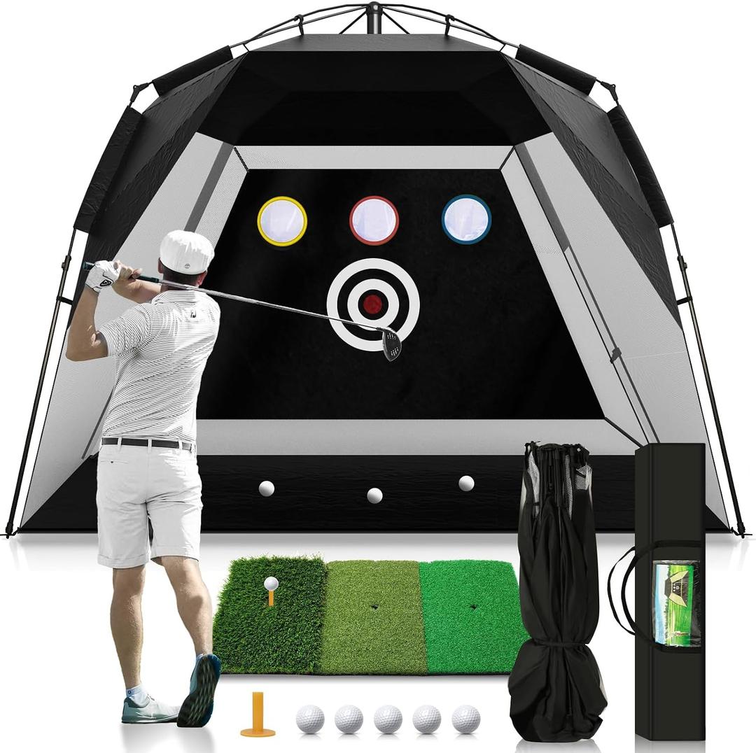 Easy POP UP Golf Net 10x7FT: No-Assembly Golf Hitting Net with Tri-Turf Mat - in Home Golf Practice Nets for Backyard Driving Chipping Swing Training with Travel Bag - Gifts for Men Teenagers Golfers