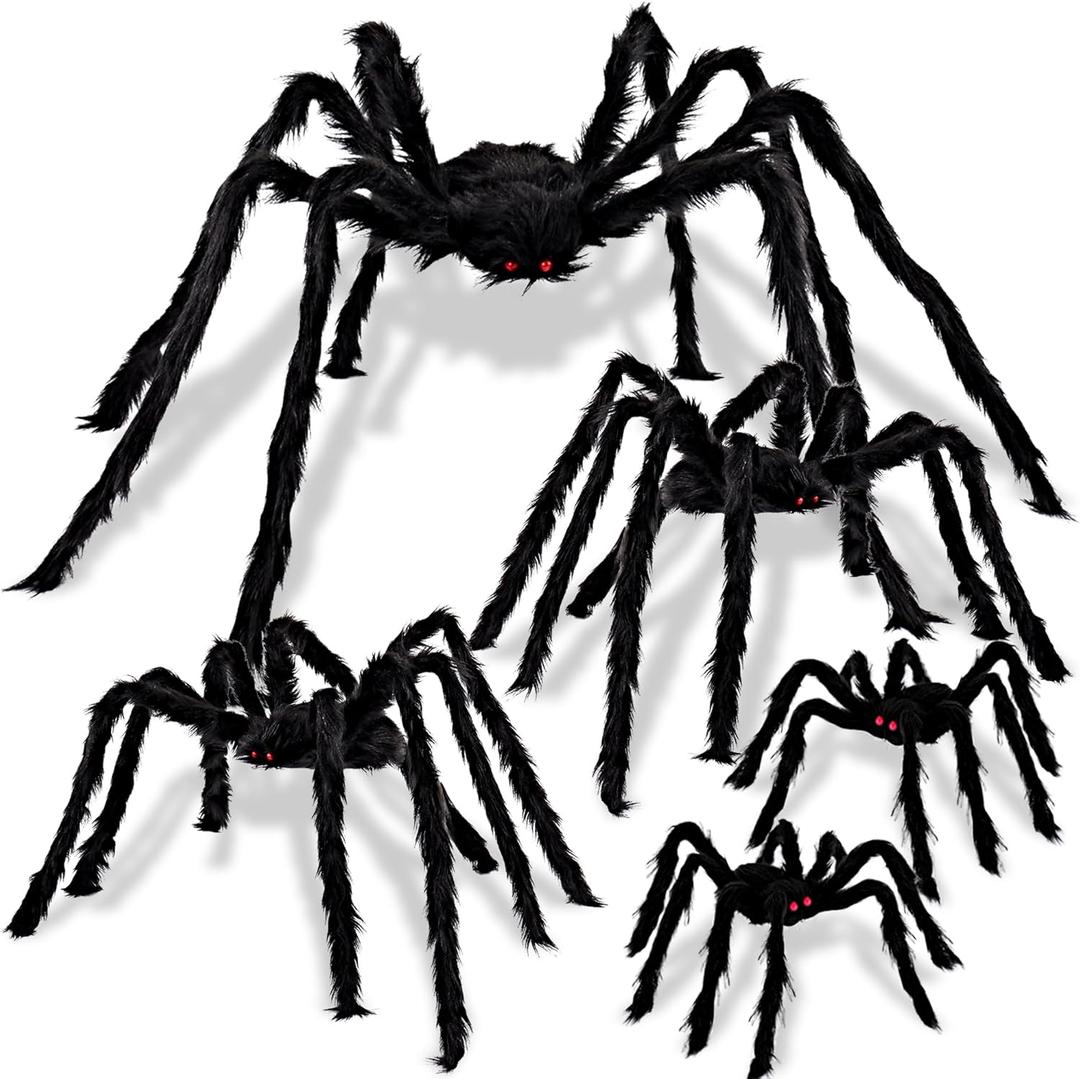 JOYIN 5 Packs Halloween Decorations Outdoor Giant Spiders, Large Black Hairy Spider Set with Different Size for Halloween Outside Decor, Lawn, Yard, Indoor Decor (35", 30", 24", 20", 12")