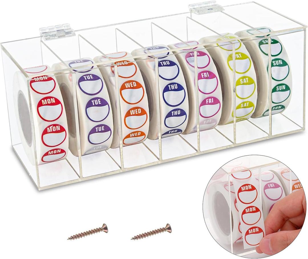 Acrylic Day of The Week Covered Label Dispenser 7-Slot Dispenser Day of The Week Label Dispenser Wall Mount Sticker Roll Dispenser for 1", 3/ 4"Day of The Week Stickers 1 Inch Label Dispenser (No Label)
