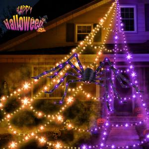 Halloween Decorations Outdoor Spider Web Lights with Glowing Spider - 2 Colors Remote Control Timer Plug in Giant Halloween Decor Cobwebs - 11 Modes Lighting Waterproof Yard Garden Party Decorations