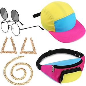 Cindeer 5 Pcs 90s Hip Hop Accessories for Women Men 80s 90s Outfit Neon Fanny Pack Hat Sunglasses Gold Chain Earrings