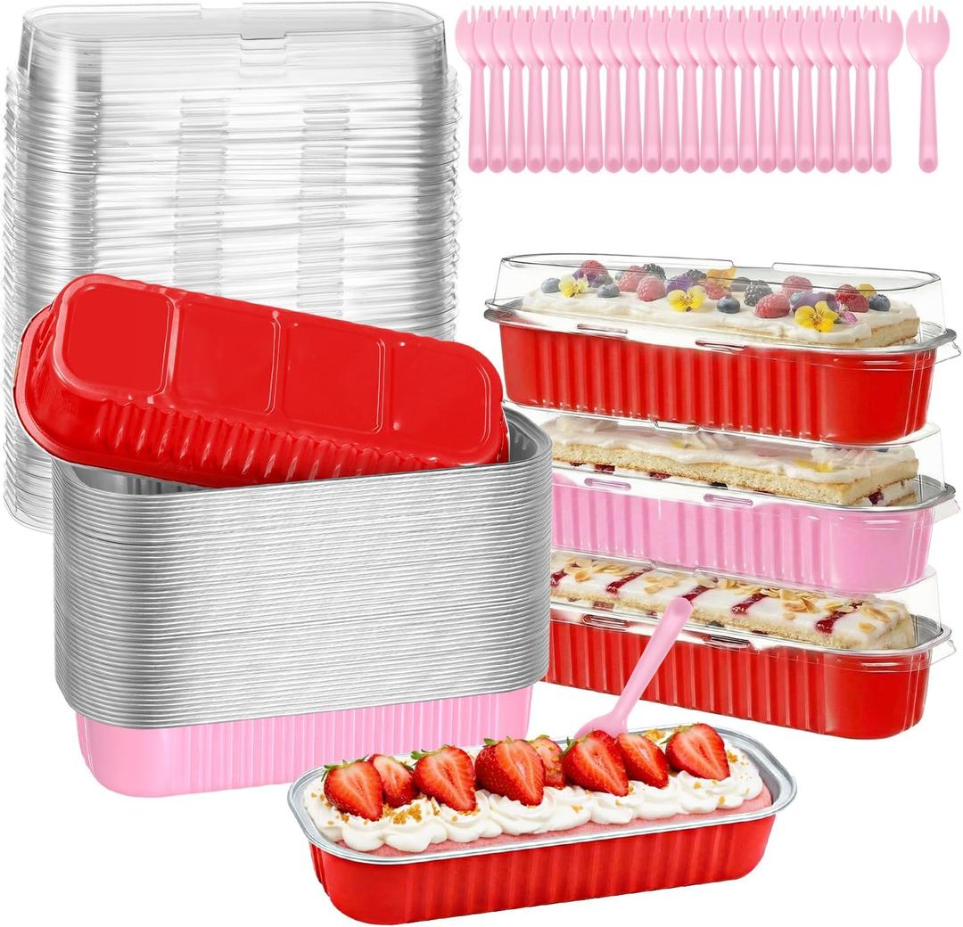Vesici 60 Pcs Mini Loaf Pans with Lids and Spoons 6.8 oz Disposable Rectangle Aluminum Foil Baking Pans for Party Muffin Cheesecake(Red,Pink)