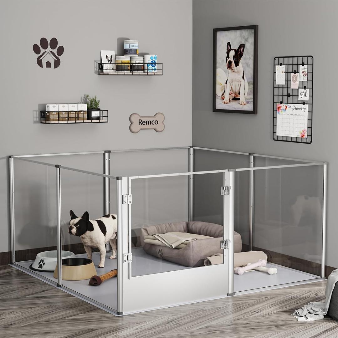 BingoPaw Clear Dog Playpen Fence : Indoor Pet Whelping Box Pen with Waterproof whelping pad - Small Animal Acrylic Exercise Kennel with Metal Frame for Puppy Rabbits Kitten Guinea Pig