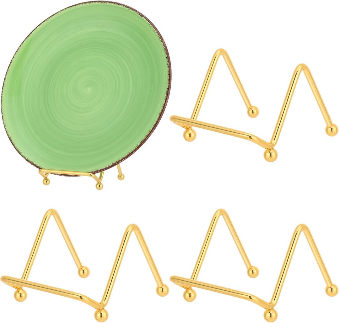 4 x RattanView 4 Pcs Gold Small Plate Holder 2 Inch Display Stands Mini Metal Frame Stand for Picture, Book, Photo Easel, Creation, Collectibles Square Wire Plate Stands for Display Mobile Phone