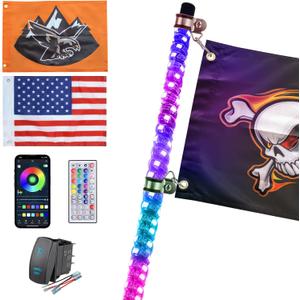 1 Pack 4FT Music Whip Light - 366+ Chasing Modes RGB Lighted Whips with APP & Remote Control, Rocker Switch, Nylon Flags & Spring Base for UTV ATV Polaris RZR Can-Am SXS Truck
