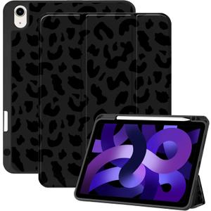 Compatible with iPad Air 11 Inch Case M3/M2(2025/2024),iPad Air 5th/4th (2022/2020) Generation 10.9 Inch Case Pencil Holder TPU Back Auto Sleep/Wake Cover Cute Women Girls-Black Leopard Cheetah (Black Purple-C1)