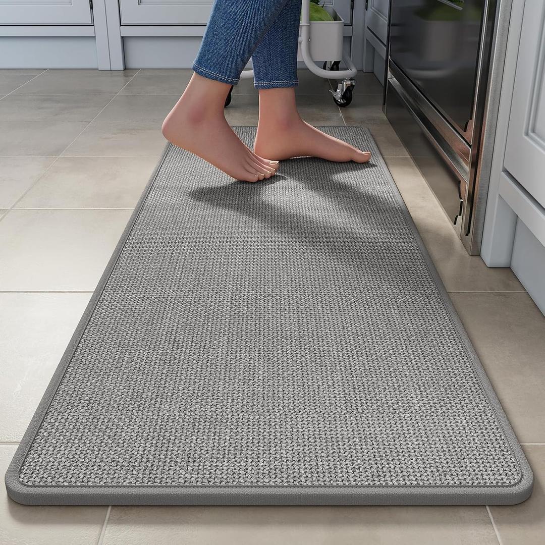 Kitchen Rugs Mat Non Slip Washable, Linen-Look 0.3" Thick Soft Cushioned Absorbent Kitchen Mats for Floor, Mild Anti-Fatigue Runner Rug Sink Mat Laundry Standing Mats, Easy Clean, Gray 17"x47"